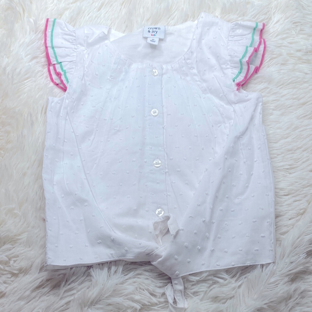 Crown and Ivy White Ruffle Button Down Short Sleeve Blouse Girl’s Size 4T